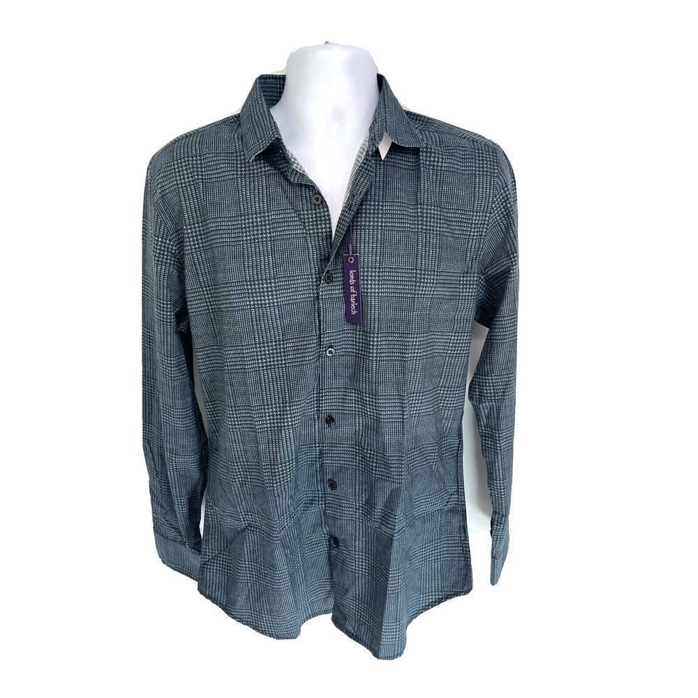 Lords of‎ Harlech Gray Button Down Dress Shirt Mens Size Medium Glen Plaid